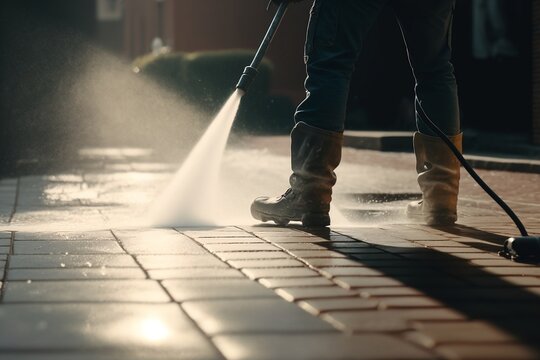 Person pressure washing stone walkway